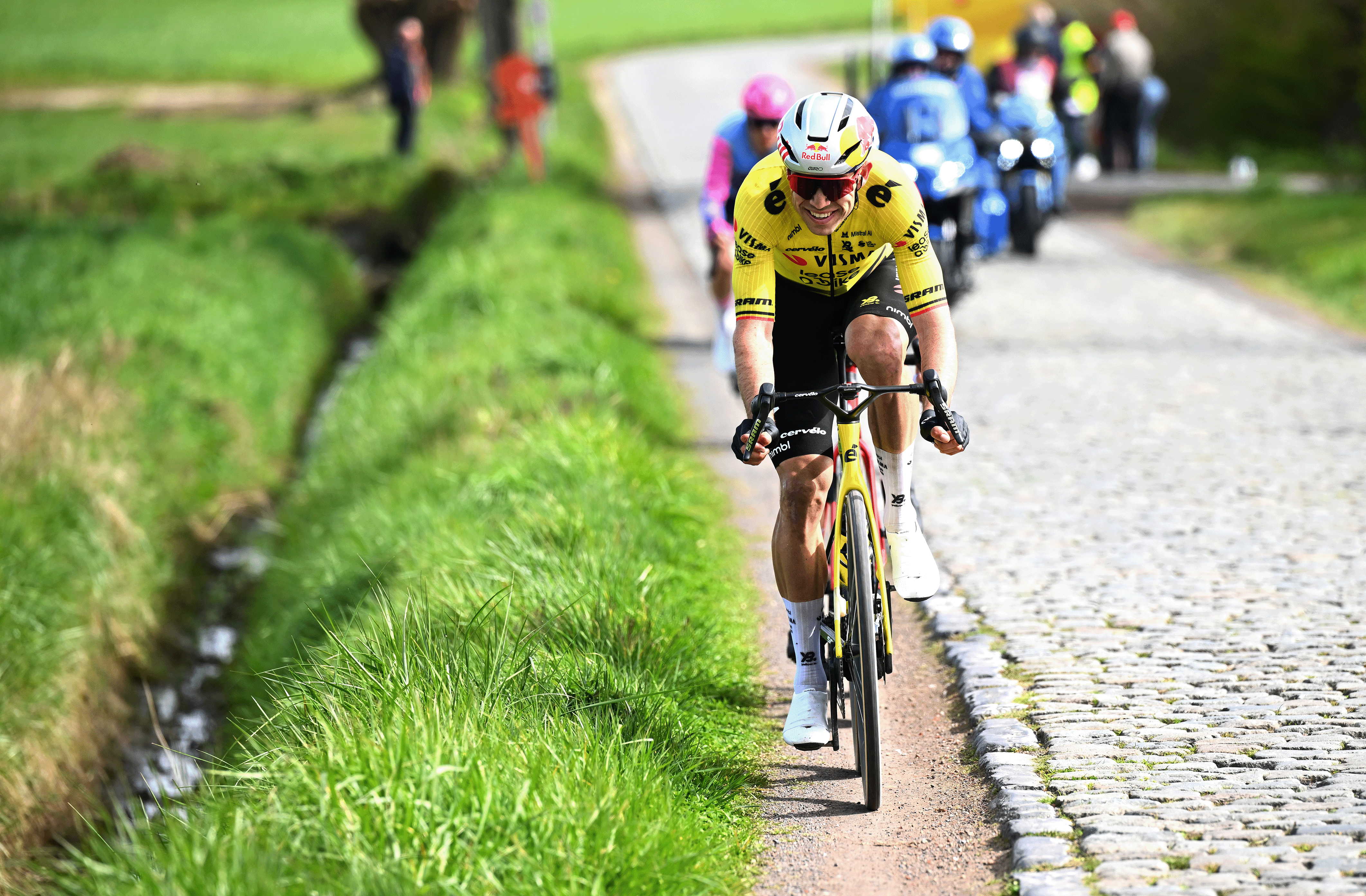 WAREGEM, BELGIUM - APRIL 01: Wout van Aert of Belgium and Team Visma | Lease a Bike attacks during the 80th Dwars Door Vlaanderen 2026 - Men's Elite a 184.6km one day race from Roeselare to Waregem / #UCIWT / on April 01, 2026 in Waregem, Belgium. (Photo by Thomas Sisk - Pool/Getty Images)