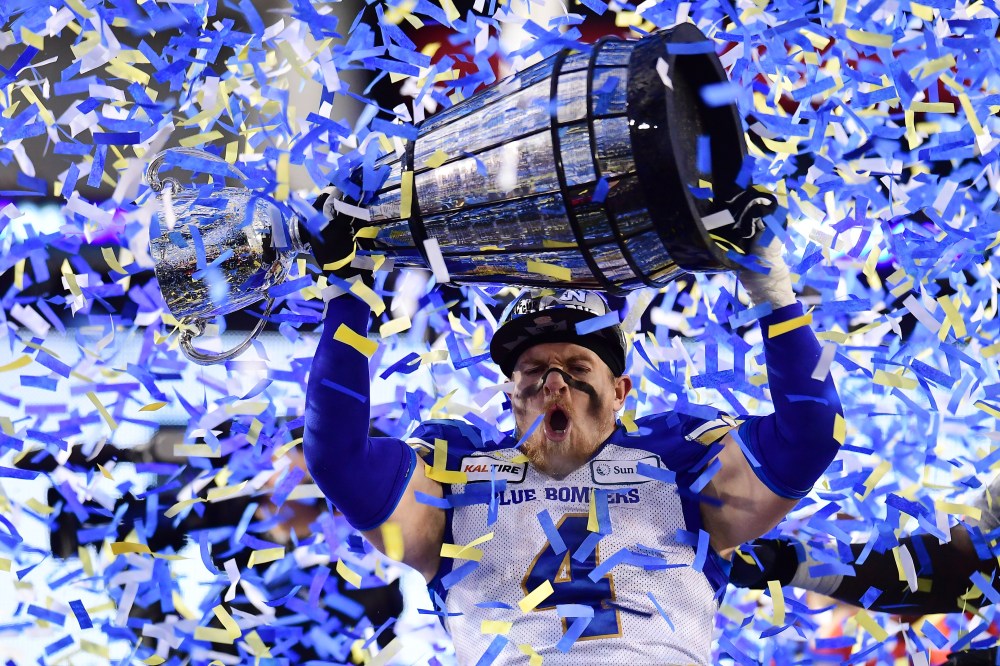 Frank Gunn / THE CANADIAN PRESS FILES
Bighill celebrates the Blue Bombers' victory in the 2019 Grey Cup over the Hamilton Tiger Cats.