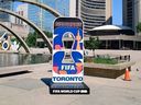 The 2026 FIFA World Cup countdown clock is seen outside Toronto City Hall at Nathan Phillips Square, July 15, 2025.