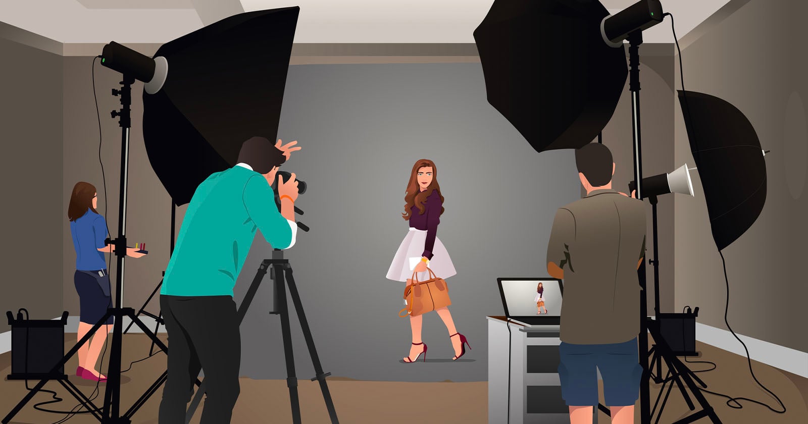 A woman poses in front of a gray backdrop in a photo studio, surrounded by large lights, a camera on a tripod, a photographer, an assistant, and a person at a laptop displaying her image.