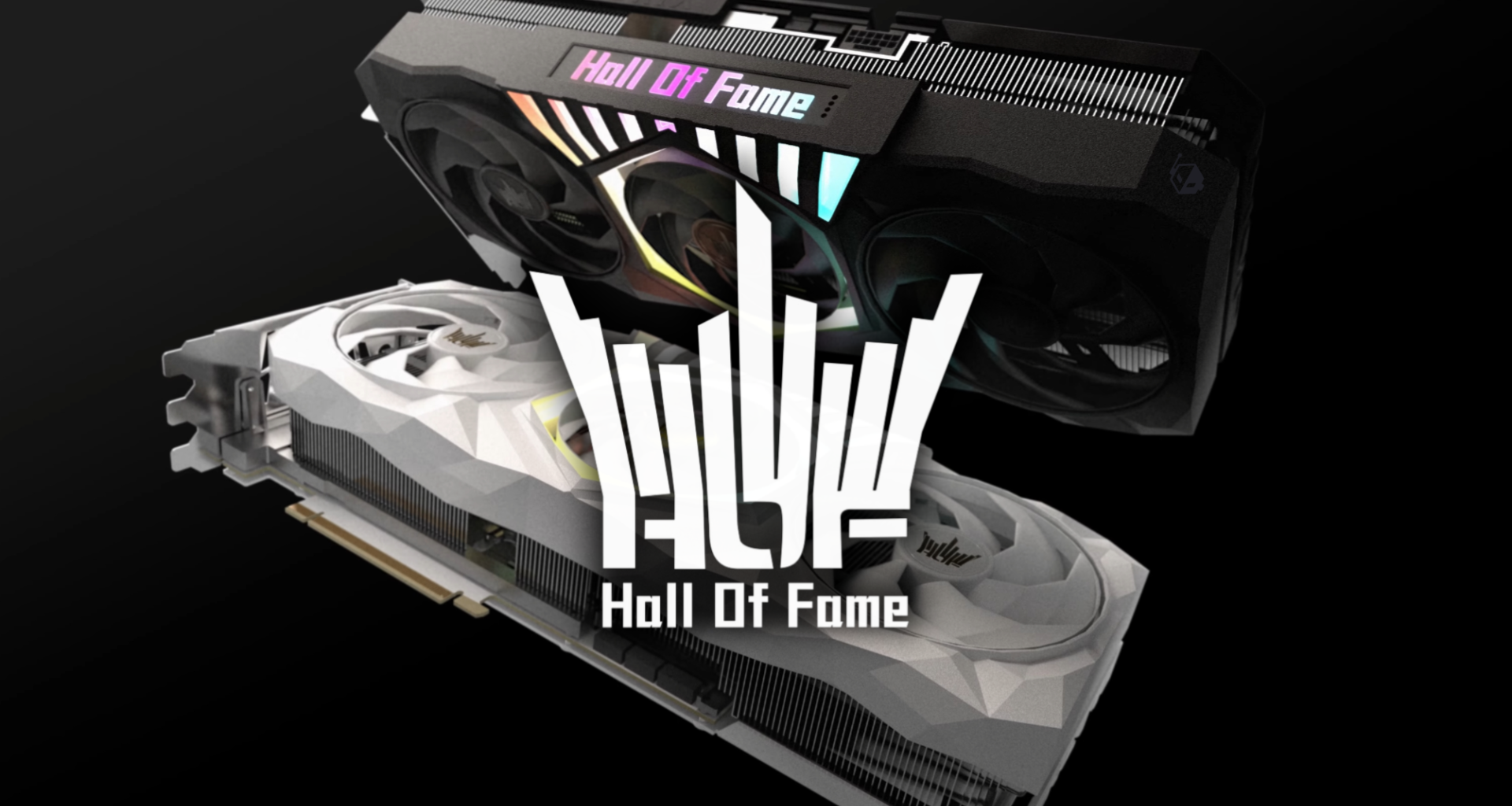 Two GALAX Hall of Fame graphics cards, one black and one white, displayed with a glowing 'Hall Of Fame' logo.