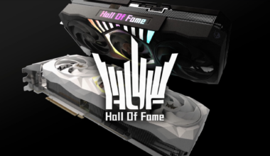 Two GALAX Hall of Fame graphics cards, one black and one white, displayed with a glowing 'Hall Of Fame' logo.