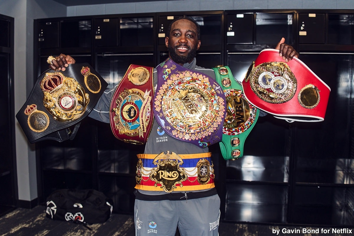 Terence Crawford poses with four super middleweight championship belts after his victory over Canelo Alvarez at Allegiant Stadium in Las Vegas on September 13, 2025.