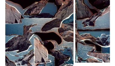 Abstract collage of rocky cliffs and ocean water with overlapping cut-out shapes and outlined edges in contrasting colors