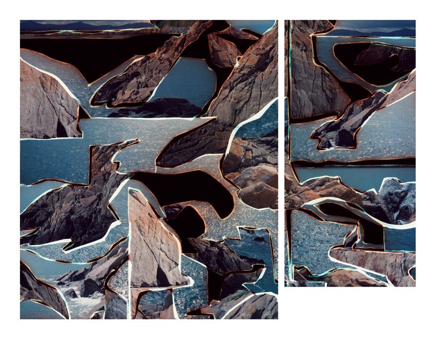 Abstract collage of rocky cliffs and ocean water with overlapping cut-out shapes and outlined edges in contrasting colors