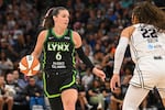 FILE - Minnesota Lynx forward Bridget Carleton (6) brings the ball down court against the Golden State Valkyries during the WNBA basketball playoffs Sept. 14, 2025, in Minneapolis. The Portland Fire drafted Carleton with the first pick of the WNBA expansion draft.