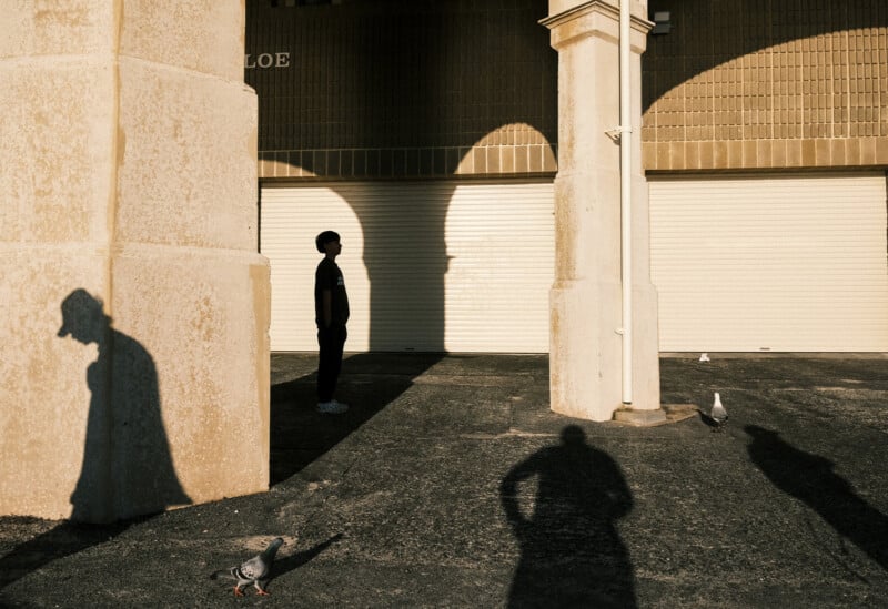 A person stands in shadow next to a column, while two large shadows and pigeons appear on the sunlit ground. The background features a beige brick wall with closed white garage doors.