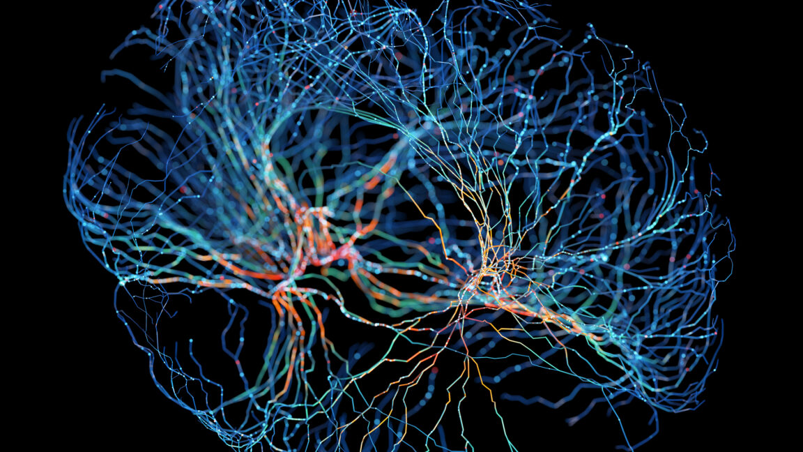 A complex blue, glowing web of connections on a black background.