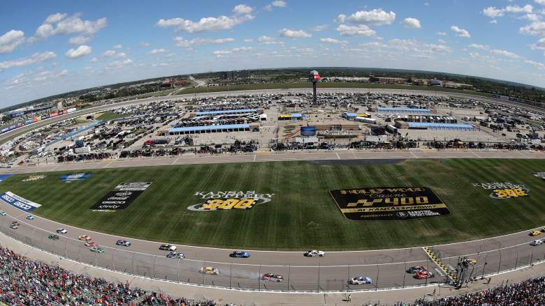 Aerial view of Kansas Speedway during a NASCAR Cup Series race with cars on track