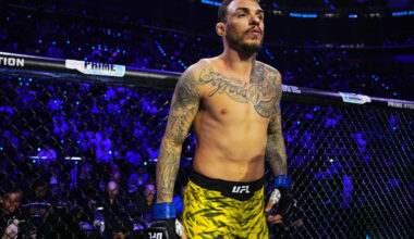 NGLEWOOD, CALIFORNIA - JANUARY 18: Renato Moicano of Brazil prepares to face Islam Makhachev of Russia in the UFC lightweight championship fight during the UFC 311 event at Intuit Dome on January 18, 2025 in Inglewood, California. (Photo by Jeff Bottari/Zuffa LLC)