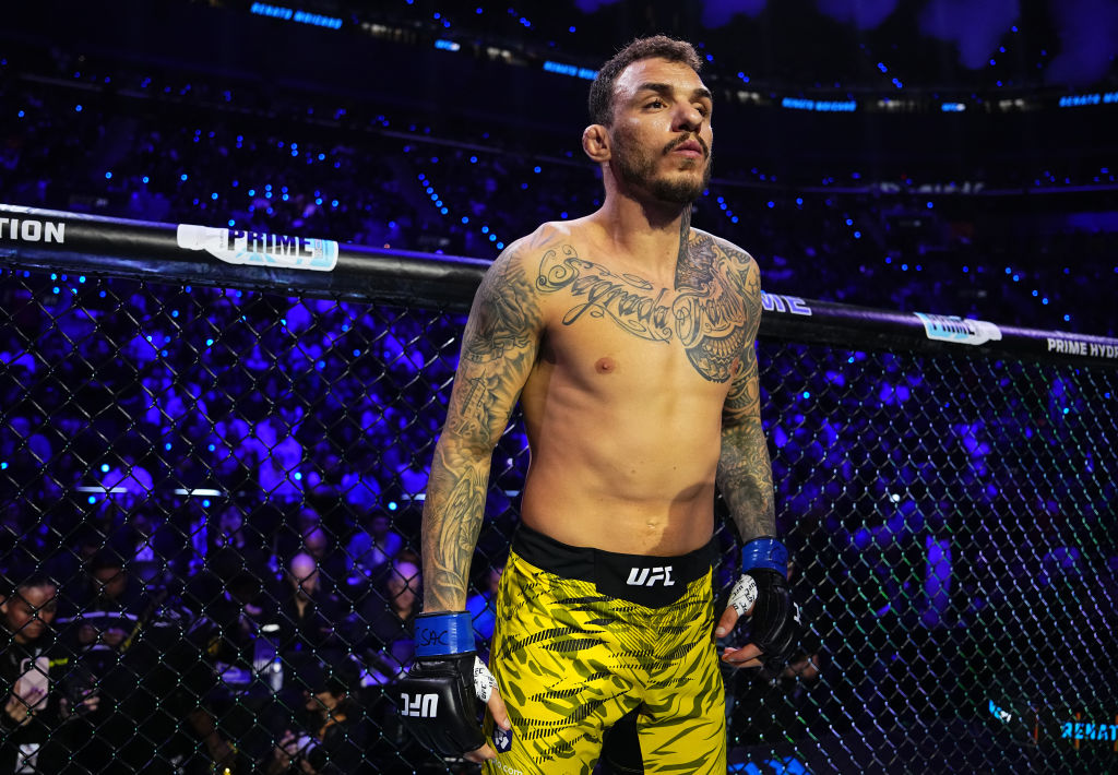 NGLEWOOD, CALIFORNIA - JANUARY 18: Renato Moicano of Brazil prepares to face Islam Makhachev of Russia in the UFC lightweight championship fight during the UFC 311 event at Intuit Dome on January 18, 2025 in Inglewood, California. (Photo by Jeff Bottari/Zuffa LLC)