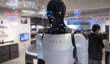 JAPAN - 2025/04/25: Tesla Optimus humanoid robot on display inside the Tesla pop-up store near Shibuya crossing. In April 2025, Tesla opened a pop-up store in Shibuya, Tokyo,