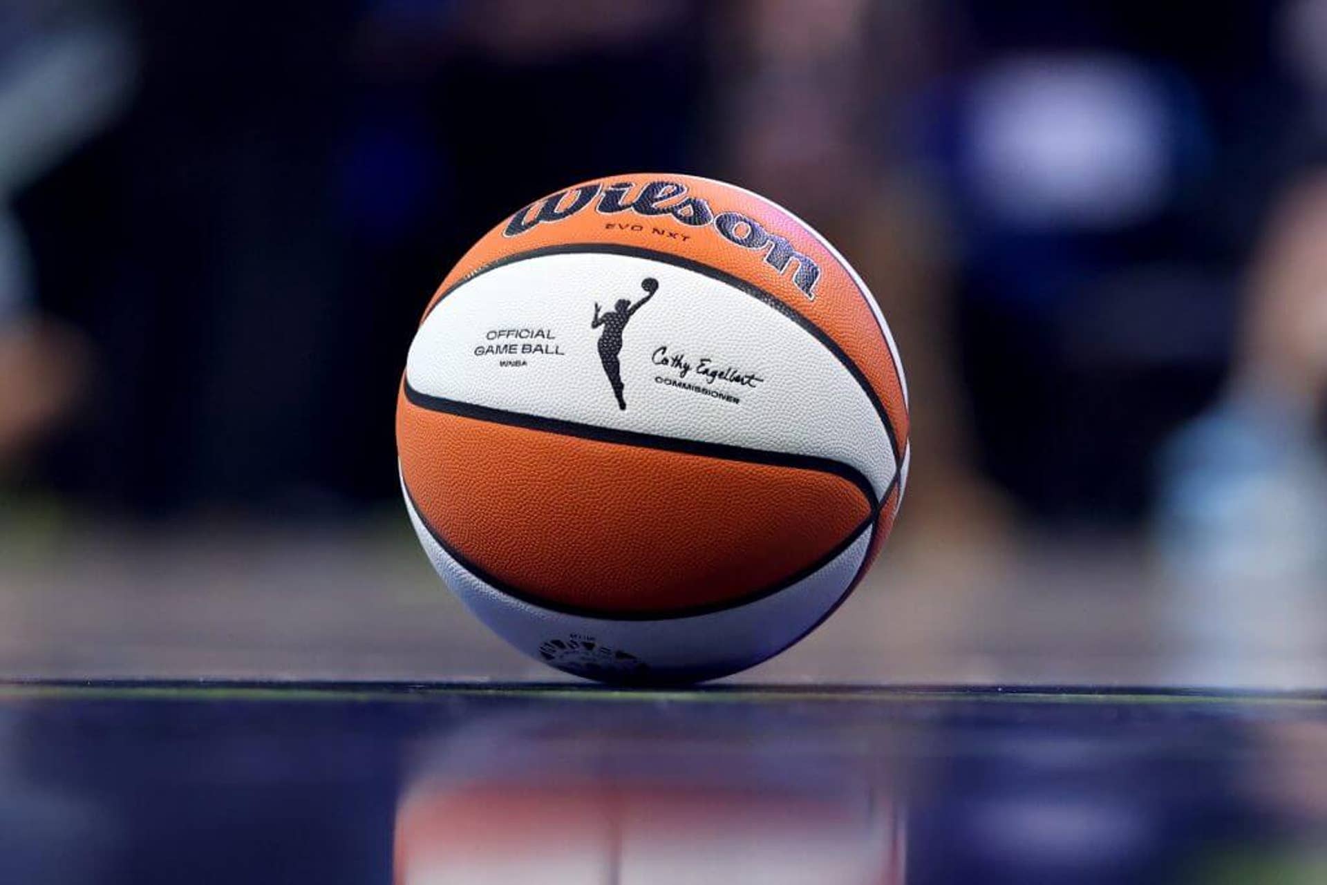 A general view of a WNBA basketball on the court.