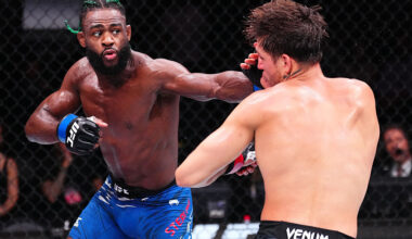 SHANGHAI, CHINA - AUGUST 23: (L-R) Aljamain Sterling punches Brian Ortega in a 153-pound catchweight fight during the UFC Fight Night event at Shanghai Indoor Stadium on August 23, 2025 in Shanghai, China. (Photo by Jeff Bottari/Zuffa LLC)