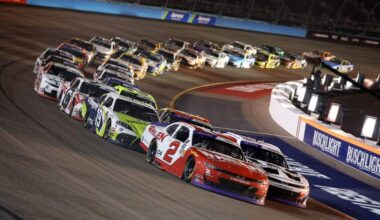 O’Reilly Series cars race tightly packed during a NASCAR event at Phoenix Raceway