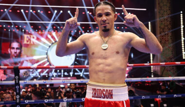 RIYADH, SAUDI ARABIA - DECEMBER 27: Eridson Garcia (red shorts) celebrates beating Taiga Imanaga in their Lightweight Contest during the Ring V: Night Of The Samurai fight night at Mohammed Abdo Arena on December 27, 2025 in Riyadh, Saudi Arabia. (Photo by Mark Robinson/Getty Images).