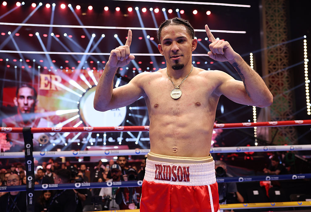 RIYADH, SAUDI ARABIA - DECEMBER 27: Eridson Garcia (red shorts) celebrates beating Taiga Imanaga in their Lightweight Contest during the Ring V: Night Of The Samurai fight night at Mohammed Abdo Arena on December 27, 2025 in Riyadh, Saudi Arabia. (Photo by Mark Robinson/Getty Images).