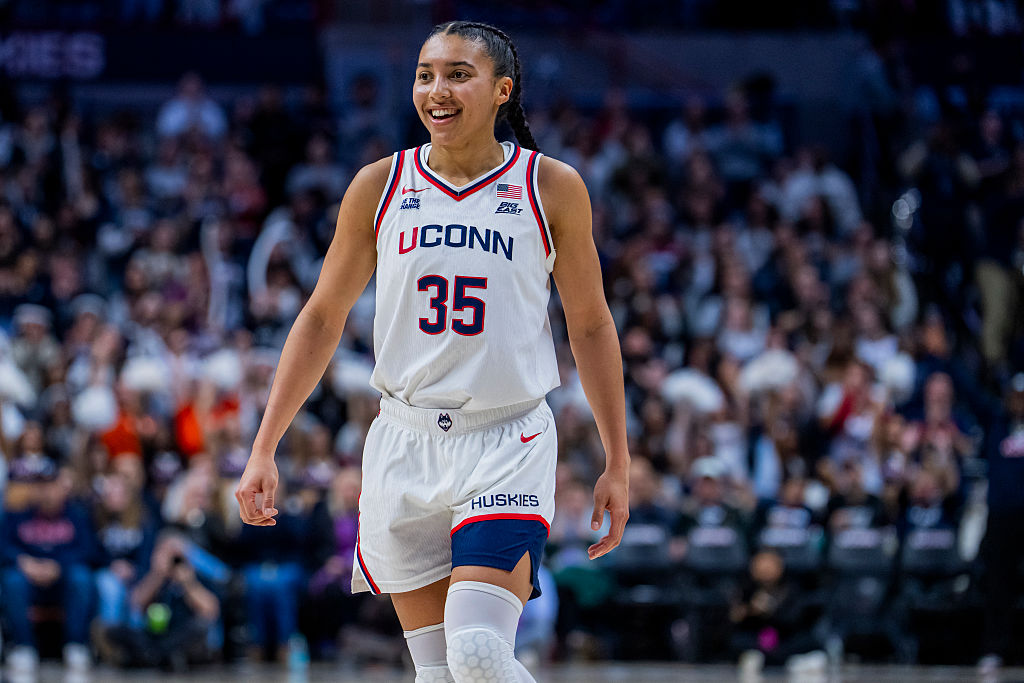 STORRS, CONNECTICUT - FEBRUARY 11: Azzi Fudd #35 of the Connecticut Huskies plays against the Creighton Bluejays during the second half of an NCAA women's basketball game at Harry A. Gampel Pavilion on February 11, 2026 in Storrs, Connecticut.