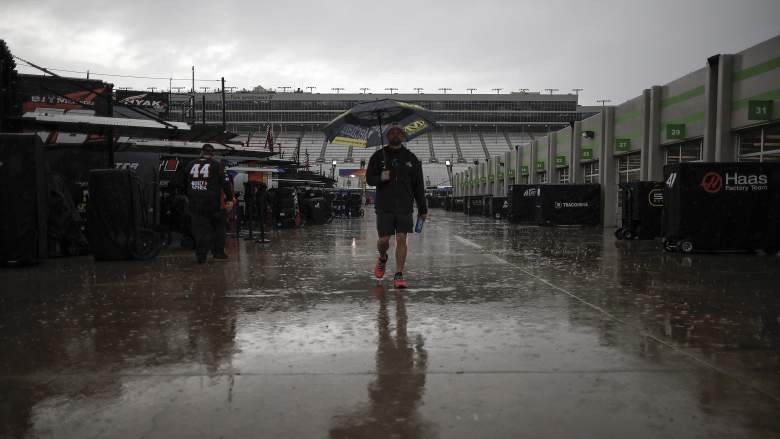 Rain-soaked NASCAR Cup Series garage area during a weather delay at Atlanta Motor Speedway