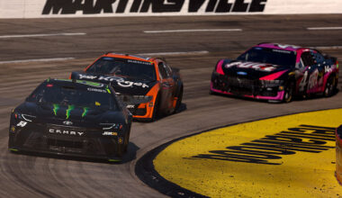 MARTINSVILLE, VIRGINIA - MARCH 29: Ty Gibbs, driver of the #54 Monster Energy Toyota, Chris Buescher, driver of the #17 Kroger/Thomas' High Protein Ford, and Noah Gragson, driver of the #4 FUEL by Franzia Ford, race during the NASCAR Cup Series Cook Out 400 at Martinsville Speedway on March 29, 2026 in Martinsville, Virginia. (Photo by David Jensen/Getty Images)