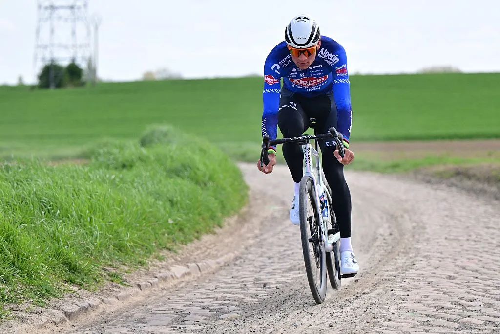 Dutch Mathieu van der Poel of Alpecin-Premier Tech pictured in action during the reconnaissance of the track ahead of this year's Paris-Roubaix cycling race, Friday 10 April 2026, around Roubaix, France. The 123rd edition of Paris-Roubaix cycling races will take on Sunday, with the women riding 143,1 km the men riding 258,3 km on Sunday. BELGA PHOTO DIRK WAEM (Photo by DIRK WAEM / BELGA MAG / Belga / AFP via Getty Images)