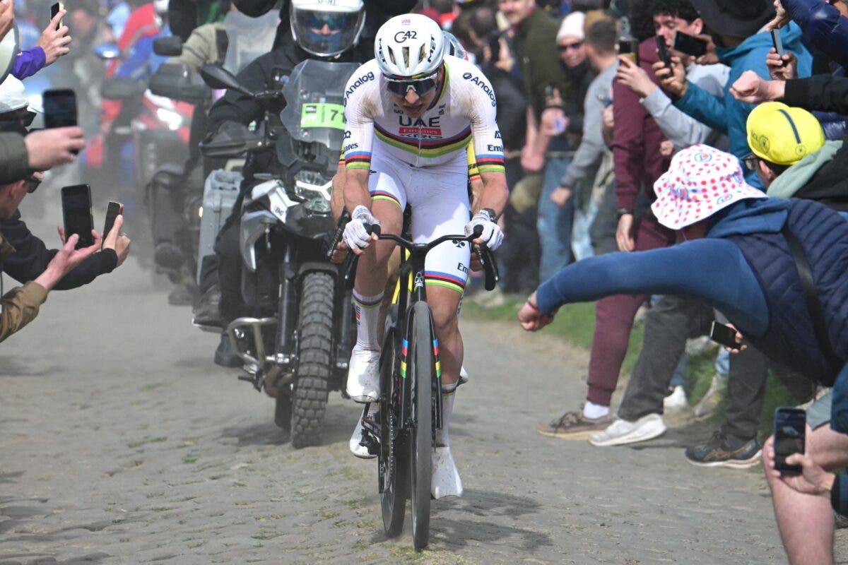 Pogačar was rolling a seriously beefy tire on his front wheel on Sunday at Paris-Roubaix