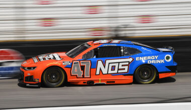 BRISTOL, TN - APRIL 12: Ricky Stenhouse Jr (#47 Hyak Motorsports NOS Energy Drink Chevrolet) races down the front stretch during the running of the NASCAR Cup Series Food City 500 on April 12, 2026, at Bristol Motor Speedway in Bristol, TN.