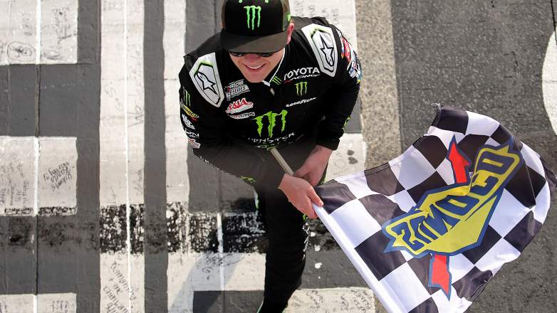 Ty Gibbs celebrates with the checkered flag after winning the NASCAR Cup Series Food City 500 at Bristol Motor Speedway in 2026