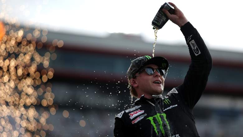 Ty Gibbs celebrates in victory lane after winning the NASCAR Cup Series Food City 500 at Bristol Motor Speedway in 2026