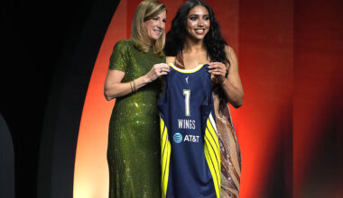 NEW YORK, NEW YORK - APRIL 13: Azzi Fudd of UConn poses with WNBA Commissioner Cathy Engelbert after being selected with the 1st pick in the first round by the Dallas Wings during the 2026 WNBA Draft at The Shed on April 13, 2026 in New York City.