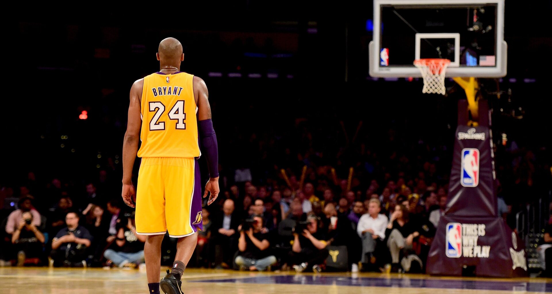 Kobe Bryant of the Los Angeles Lakers during the final game of his career April 13, 2016 in Los Angeles, California.