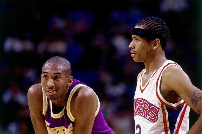 Kobe Bryant of the Los Angeles Lakers matches up against Allen Iverson of the Philadelphia 76ers during a 1997 NBA game at the Great Western Forum in Inglewood, California. 
