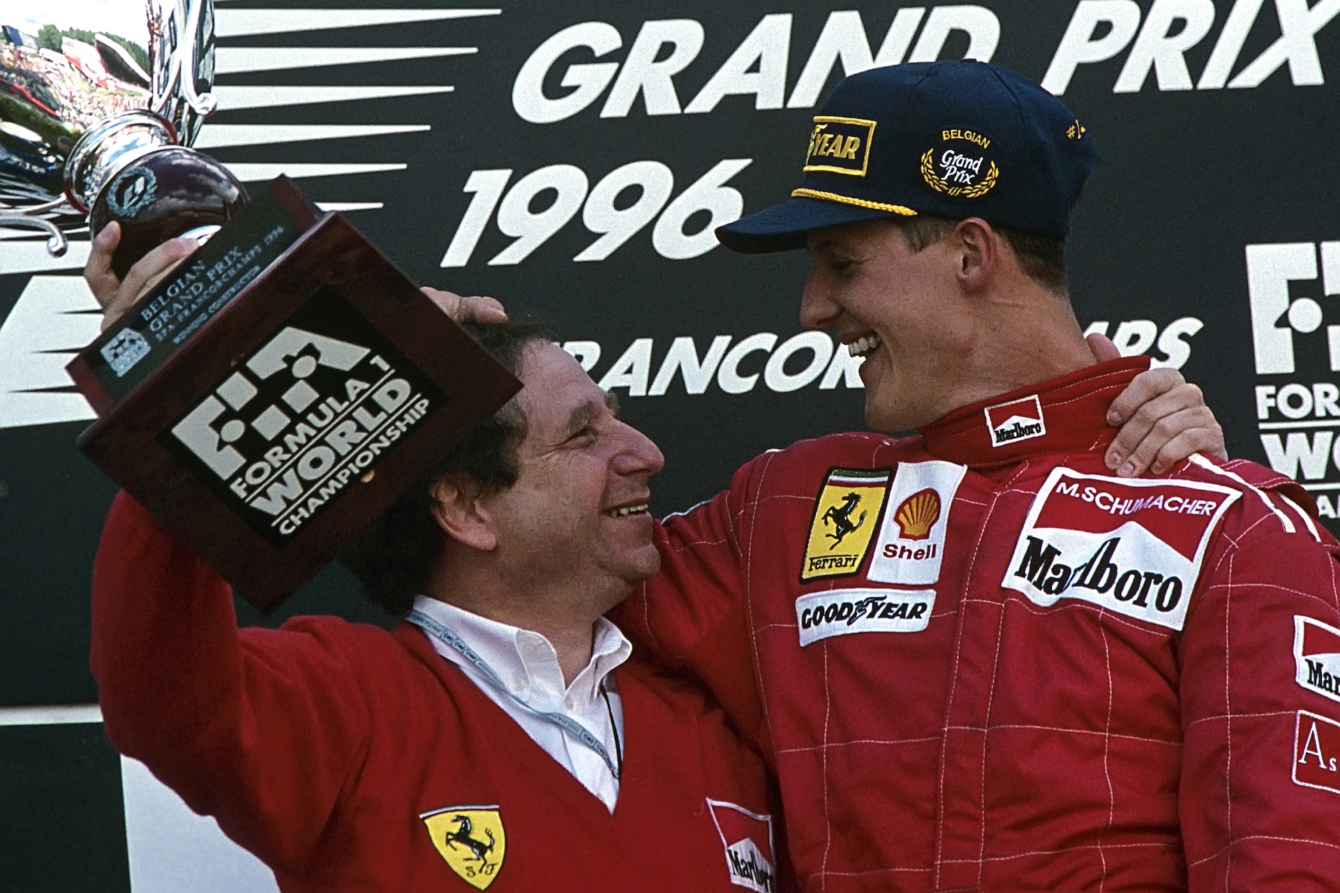 Jean Todt, Michael Schumacher, Ferrari F310, Grand Prix of Belgium, Circuit de Spa-Francorchamps, 25 August 1996. Jean Todt and Michael Schumacher celebrating victory in the 1996 Grand Prix of Belgium. (Photo by Paul-Henri Cahier/Getty Images)