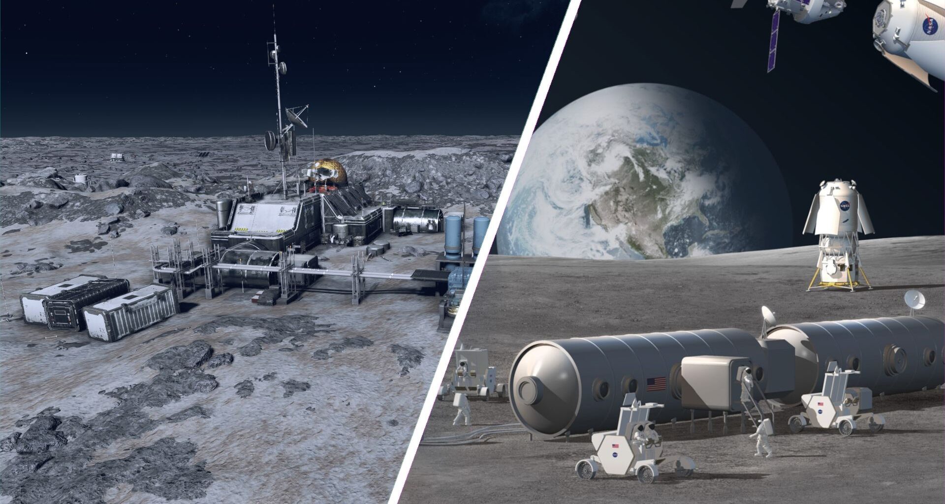 A split image showing a moon base in the game Starfield on the left, and a NASA concept for the Artemis Base Camp on the right.