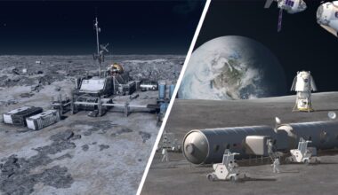 A split image showing a moon base in the game Starfield on the left, and a NASA concept for the Artemis Base Camp on the right.