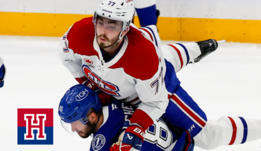 Montréal Canadiens center Kirby Dach (77) flies off the back of Tampa Bay Lightning right wing Nikita Kucherov (86) in the first period during game two of round one of the Stanley Cup Playoffs on Tuesday, April 21, 2026 in Tampa.