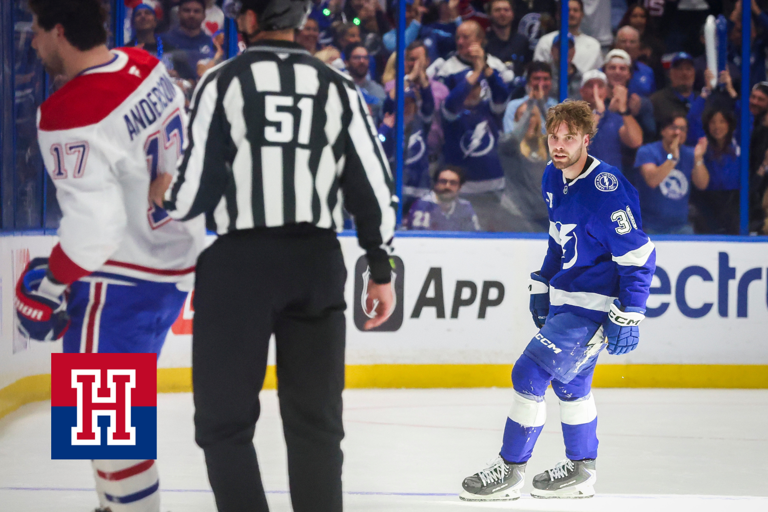 Tampa Bay Lightning forward Brandon Hagel (38) looks at Montreal Canadiens right wing Josh Anderson (17) while Anderson is being led to the penalty box during the first period in game 2 of the first round of the NHL playoff Tuesday, April 21, 2026 in Tampa.