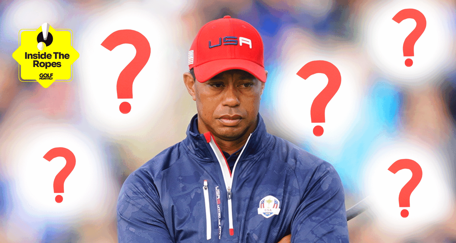 Tiger Woods appears pensive while wearing Ryder Cup gear in 2018 with five question marks dotted around him and the Inside The Ropes sticker in the top left