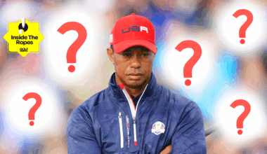 Tiger Woods appears pensive while wearing Ryder Cup gear in 2018 with five question marks dotted around him and the Inside The Ropes sticker in the top left