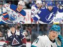 Clockwise from top left: Connor McDavid, Nikita Kucherov, Macklin Celebrini and Nathan MacKinnon.  