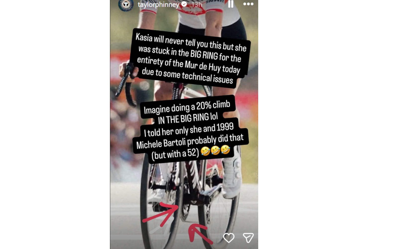 Niewiadoma-Phinney was stuck in big chainring on the entire Mur de Huy