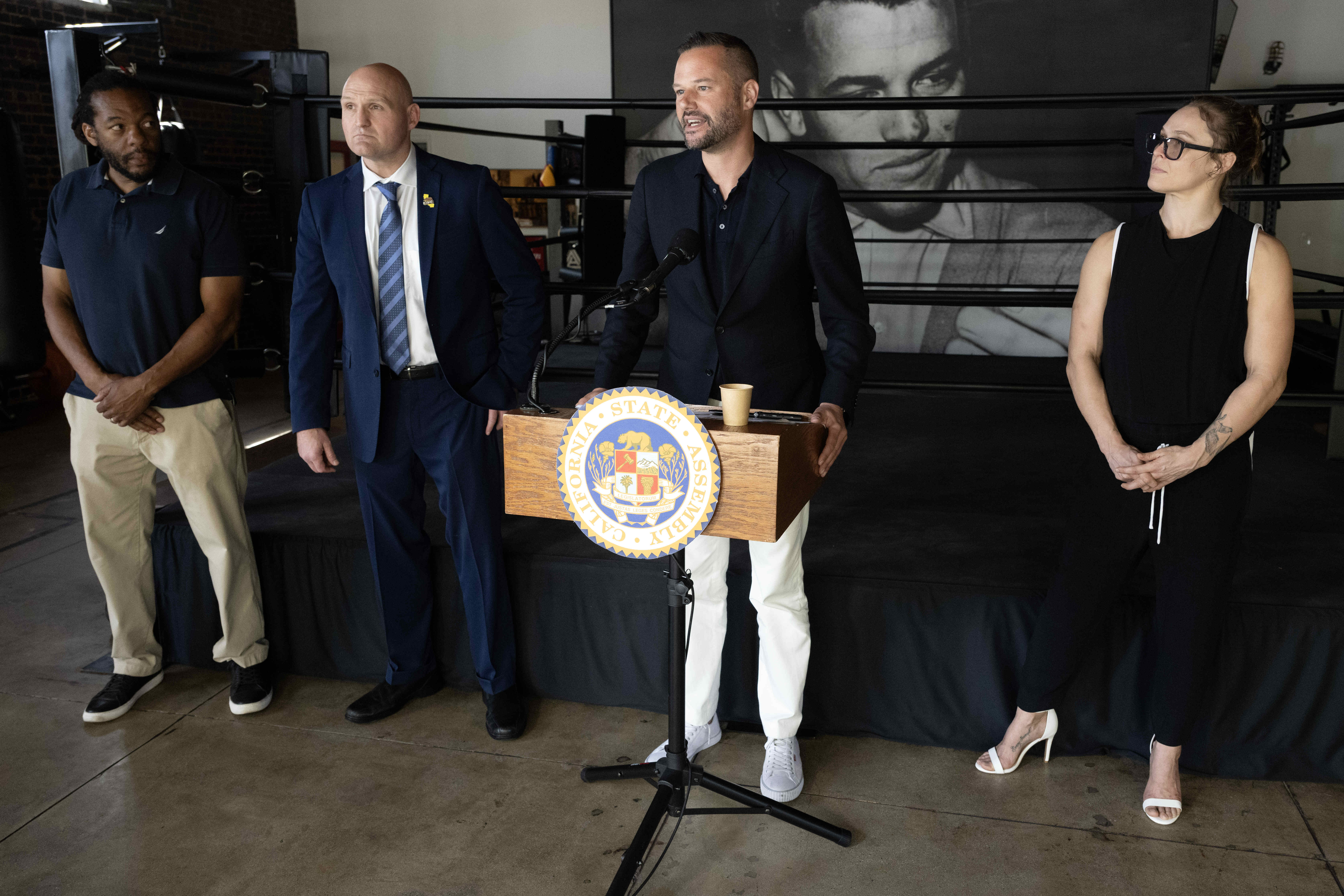 California Assemblymember Matt Haney, speaks as Ronda Rousey, UFC Hall...