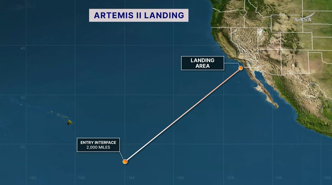 Map showing Artemis 2's planned splashdown zone.