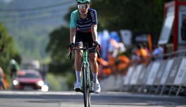 A shot of Decathlon CMA CGM's Matthew Riccitello crossing the line alone, looking neutral, at the finish of a stage of Itzulia Basque Country 2026