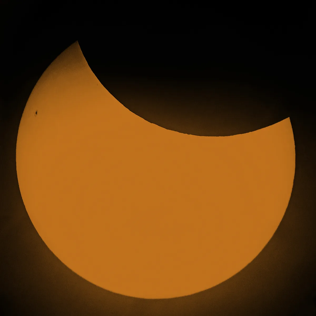 Partial solar eclipse, 29 March 2025, 11:05 UTC Matey and James, Ryetop Park, Rainham, Kent, UK. Equipment: Samsung Galaxy phone through Celestron NexStar 127SLT, 47x magnification. Exposure: f/1.8, 1/250 sec, ISO-100, colourised. Software: Photoshop