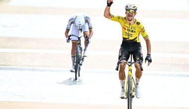 Belgian Wout van Aert of Team Visma-Lease a Bike celebrates as he crosses the finish line to win the men's Paris-Roubaix