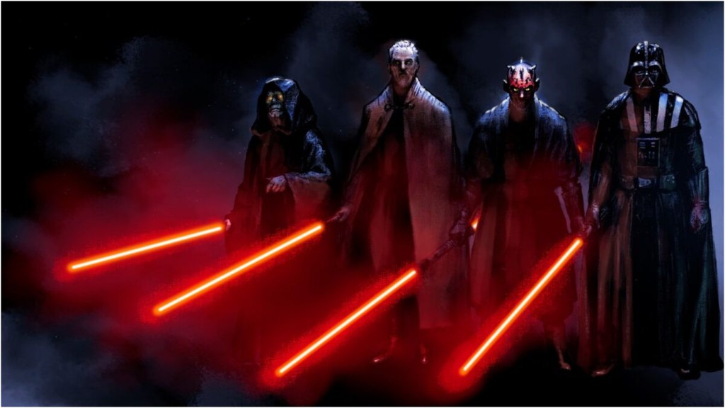 Palpatine, Dooku, Maul, and Vader holding their lightsabers standing next to each other