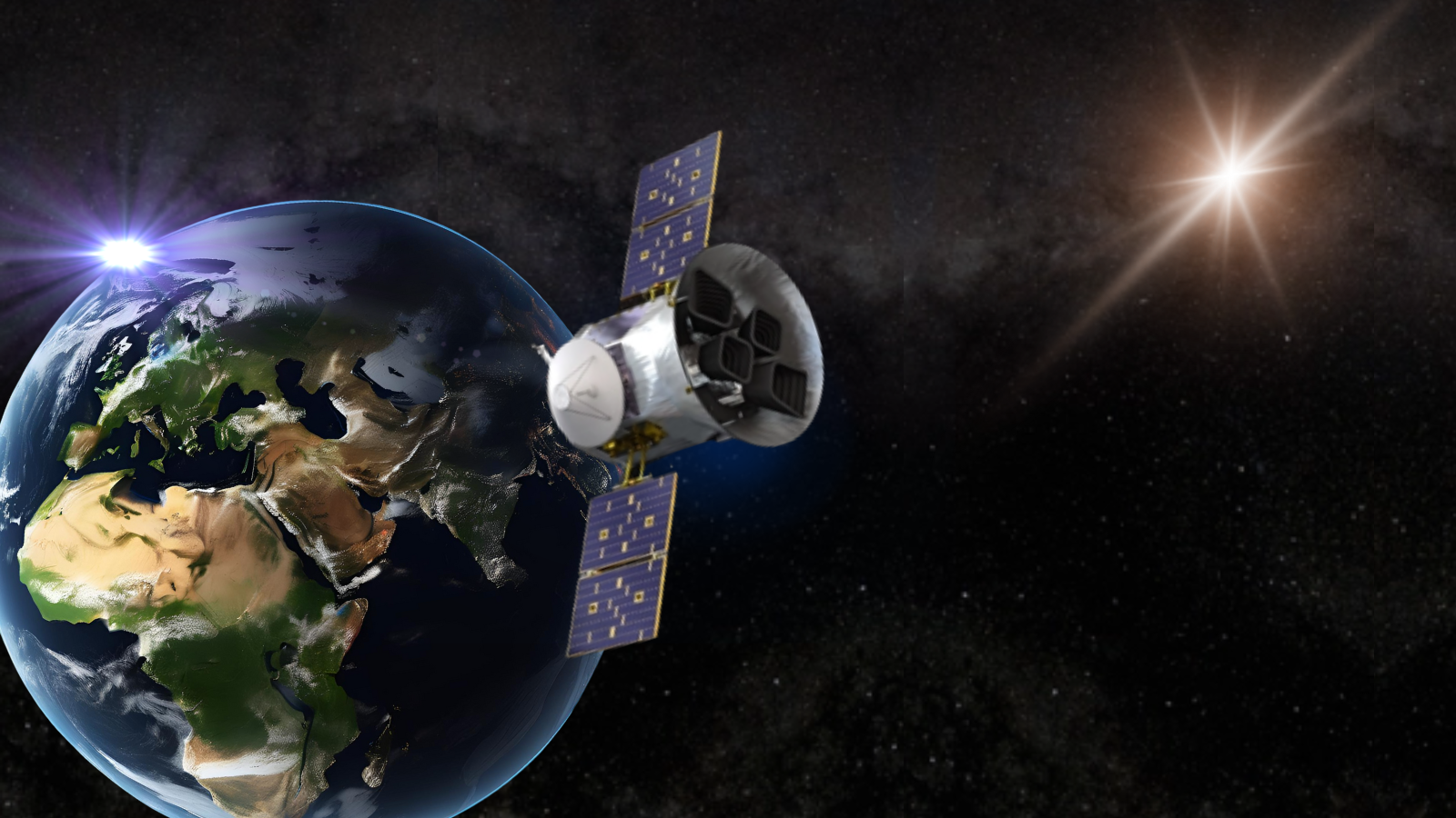 An illustration showing NASA's exoplanet hunter TESS which could be assisted by a binary star "solving" AI program
