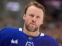 Maple Leafs defenceman Morgan Rielly skates during warmups prior to a game against the Lightning at Scotiabank Arena in Toronto, March 7, 2026.