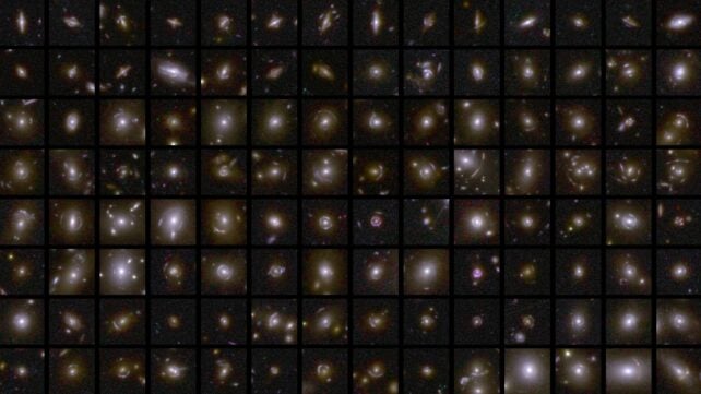 A collage of fourteen by eight squares containing examples of gravitational lenses. Each example typically comprises a bright centre with smears of stars in an arc or multiple arcs around it as a result of light travelling towards Euclid from distant galaxies being bent and distorted by normal and dark matter in the foreground. In some rare cases the smearing is in a complete ring, creating a so-called Einstein Ring.